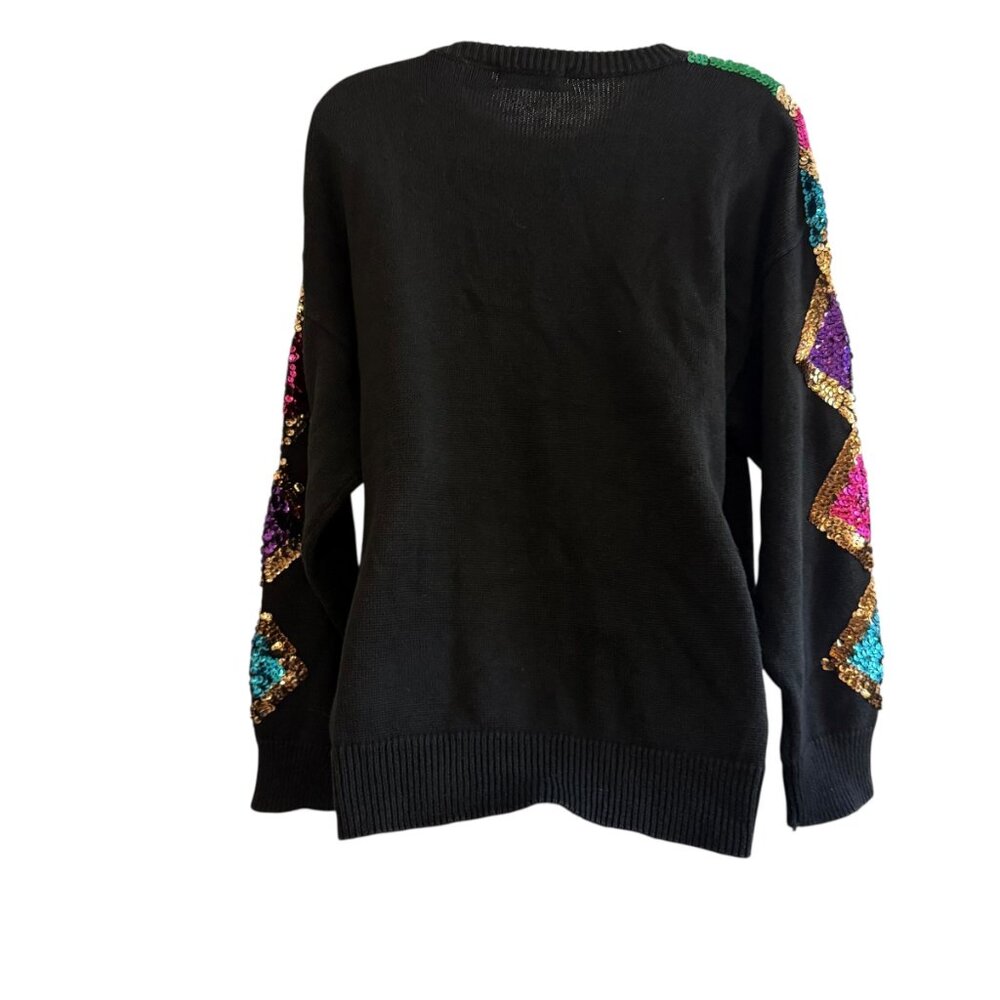 Vintage RAVE Black Harlequin Sequin Sweater | Size L - Picture 4 of 10